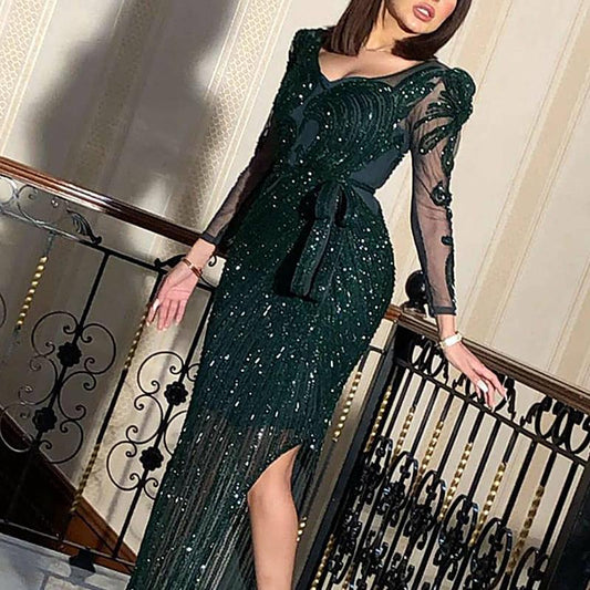 BENPAOLV Light luxury women's high-end green sprinkling gold dress original single 2025 wish  long-sleeved sexy temperament dress