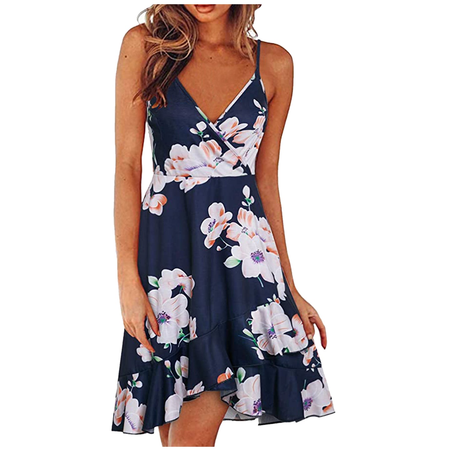 Summer Women's Sexy, Stylish V-Neck Suspender Sleeveless Halter Multi-Color Printed Swing Dress