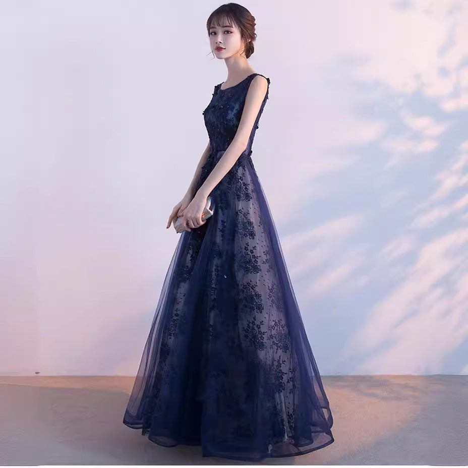 2025 Navy blue evening dress women's popular new sleeveless simple temperament banquet simple and generous lace South East Asia dress