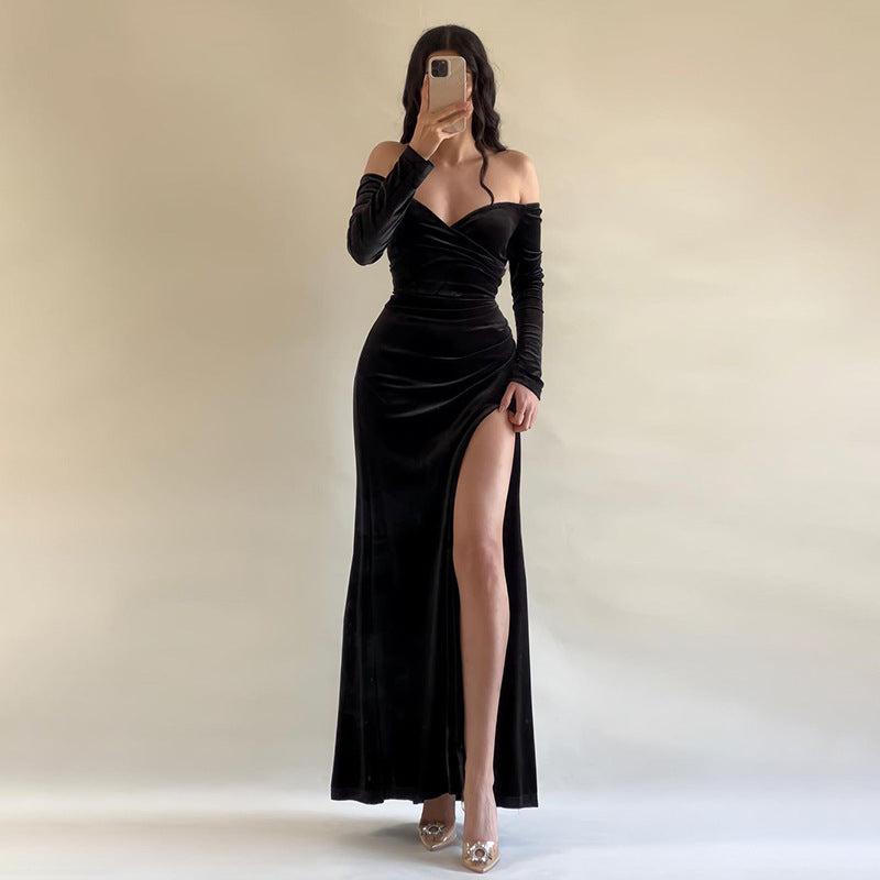 BENPAOLV  2025 popular autumn and winter  style New one-word shoulder sexy high slit velvet dress femininity dress dress