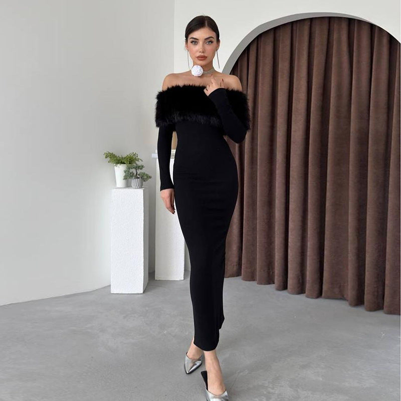 BENPAOLV  2025 popular autumn  style women's clothing New new fashion style temperament elegant one-word shoulder fur collar slim dress