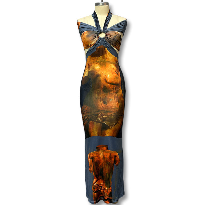 BENPAOLV  2025 style printing design tube top dress, Kendou same retro long dress