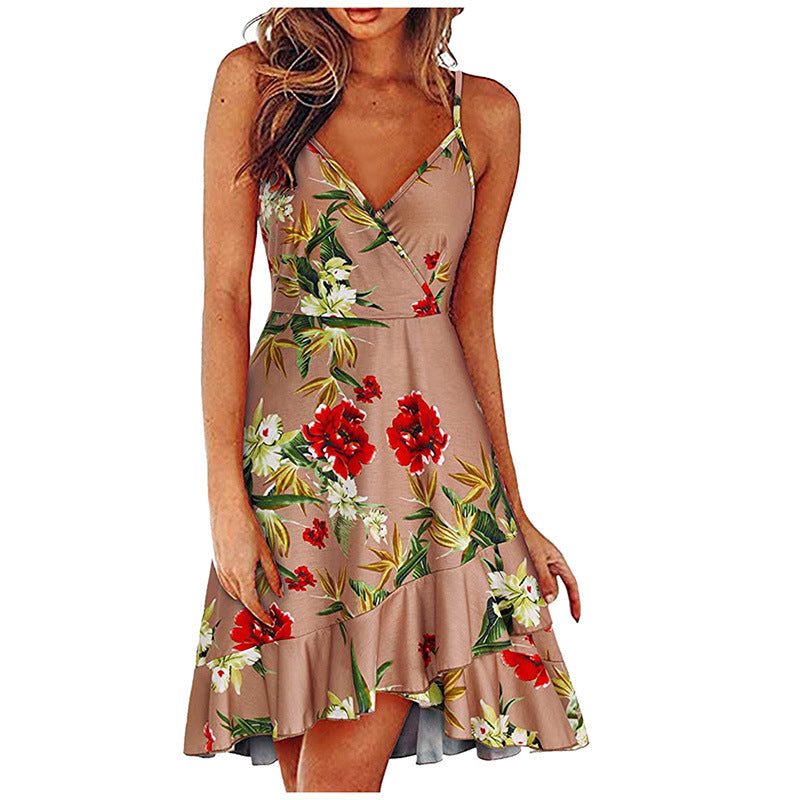 Summer Women's Sexy, Stylish V-Neck Suspender Sleeveless Halter Multi-Color Printed Swing Dress