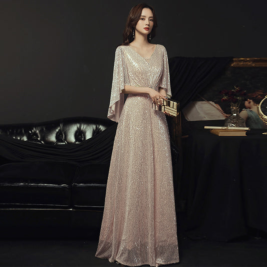 2025 Celebrity banquet evening dress popular autumn new temperament golden elegant catwalk performance host dress female