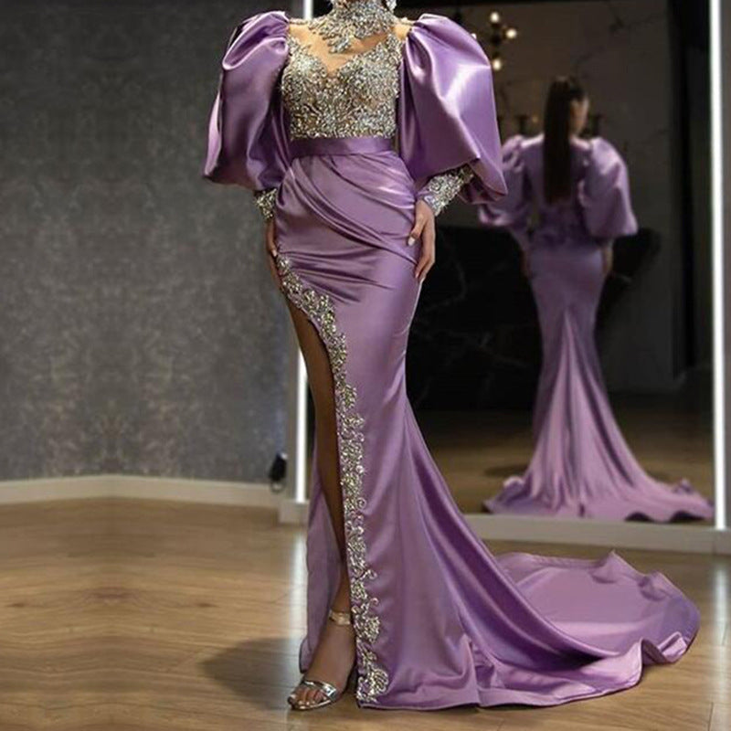 new  New  dress princess sleeve hip-wrapped long dress trailing tail sprinkling gold temperament evening dress