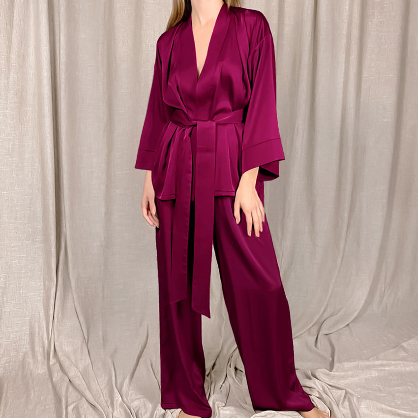 BENPAOLV 2025 spring  satin satin cardigan lace-up nightgown pajama pants solid color home set loose women's pajamas