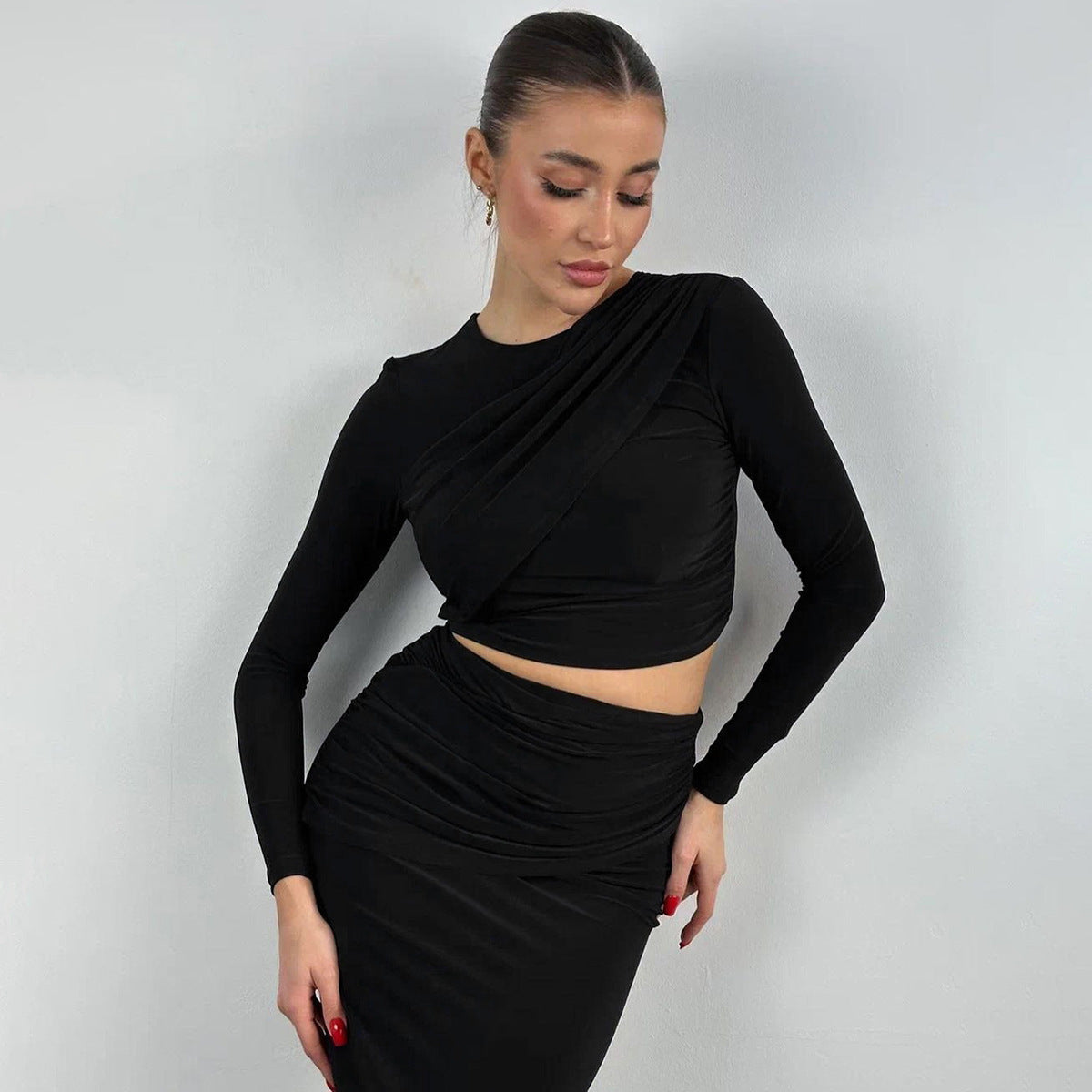 BENPAOLV 2025 style women's clothing popular autumn and winter Popular trade new round neck long-sleeved open button top slim skirt two-piece set