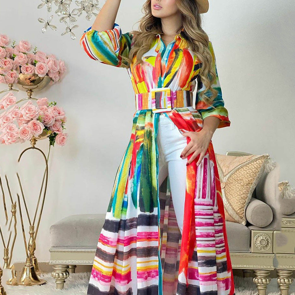 2025New women's clothing  new color printing straps long shirt dress loose cardigan long dress