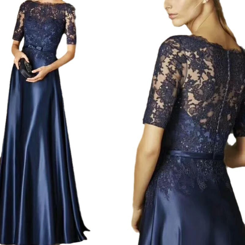 2025Evening Dress  Elegant Lace Blue Dress Hollow Long Falling Simple Host Annual Meeting Dress