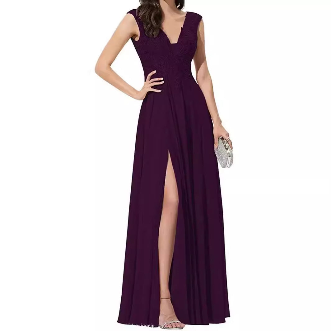 2025 Women's V-neck bridesmaid dress, lace simple A-shaped chiffon skirt, long Popular trade express sales open fork and thin dress