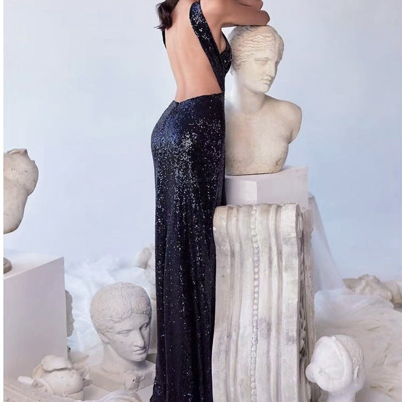 summer new New black sequined backless sleeveless hollow sexy high-waisted split dress women