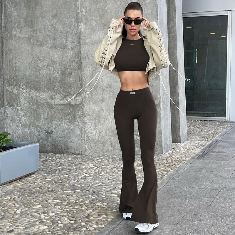 BENPAOLV 2025 Hot trade  popular spring new round neck long-sleeved top open button high waist straight tube micro-pull pants casual suit women