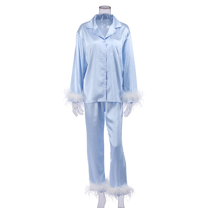 BENPAOLV 2025 popular spring  pajamas feather simulation silk long-sleeved pajama pants fashion casual solid color women's loungewear set