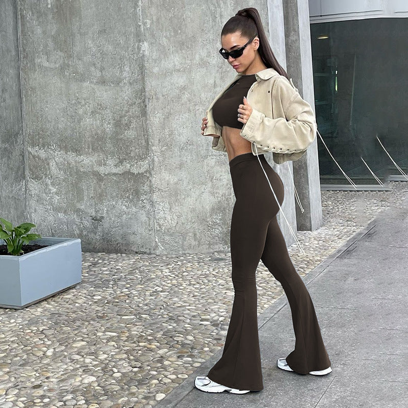 BENPAOLV 2025 Hot trade  popular spring new round neck long-sleeved top open button high waist straight tube micro-pull pants casual suit women