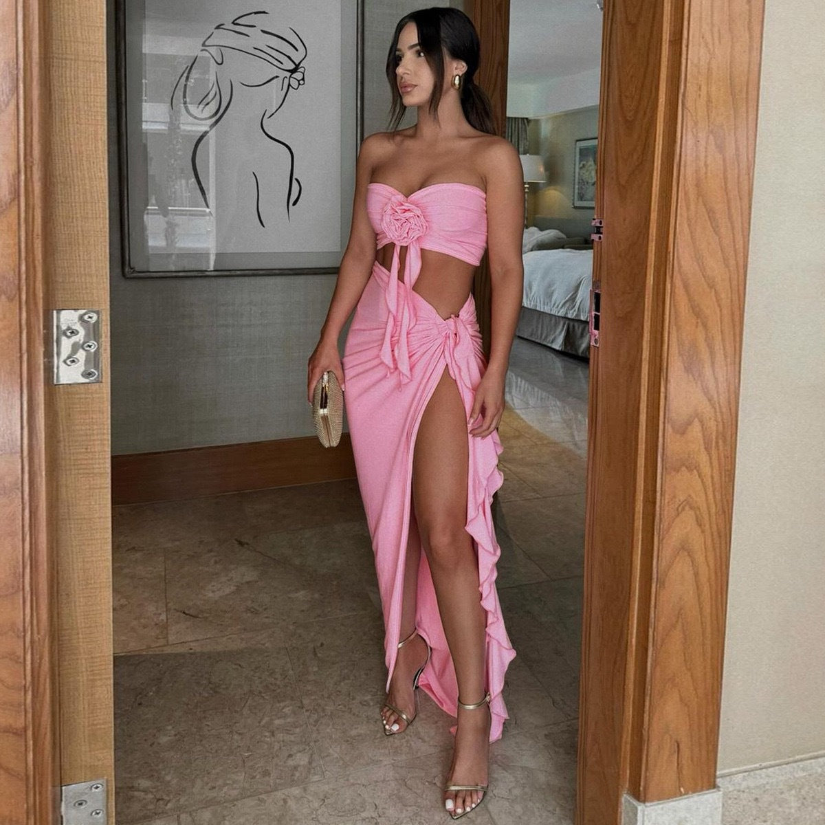 BENPAOLV 2025 popular summer new  style New fashion sexy chest wrap irregular skirt two-piece suit women