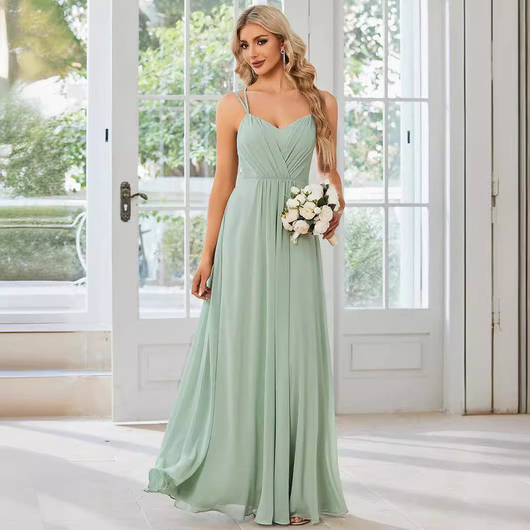 2025 Elegant evening dress V-back halter dress popular new chiffon pleated mint green bridesmaid dress