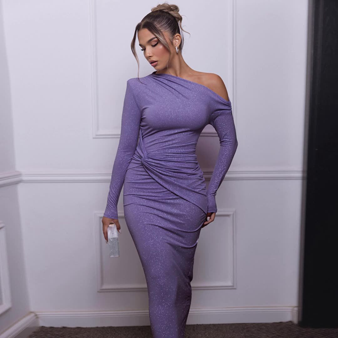 BENPAOLV  2025 Autumn and winter new  style New women's clothing is hot-selling, fashionable and sexy pleated slanted shoulder long-sleeved slim-fitting hip-wrapped dress