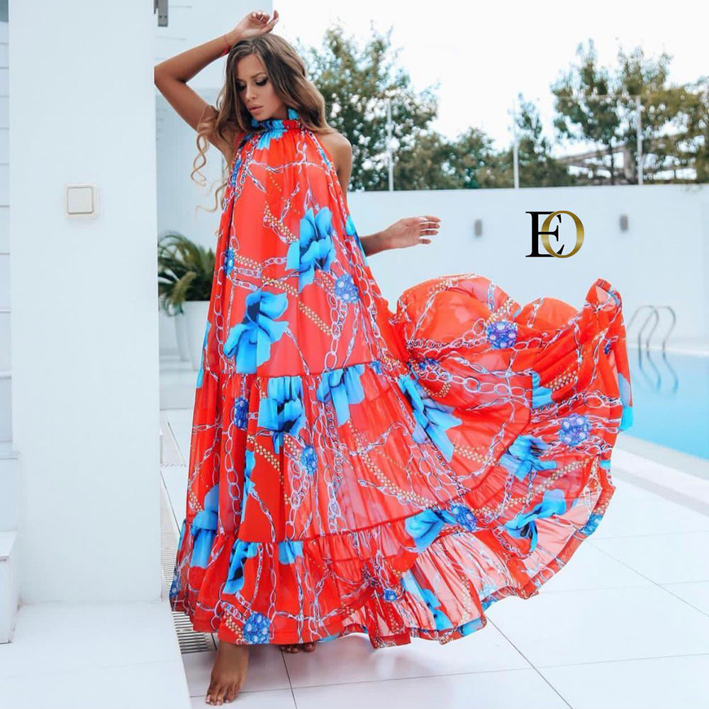 summer  New  dress neck sleeveless printing loose pendulum sexy off-the-shoulder beach dress