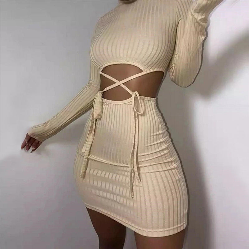 BENPAOLV 2025 Hot trade explosion  spring and autumn new women's clothing round neck long sleeve sexy hollow slim hip two-piece set women