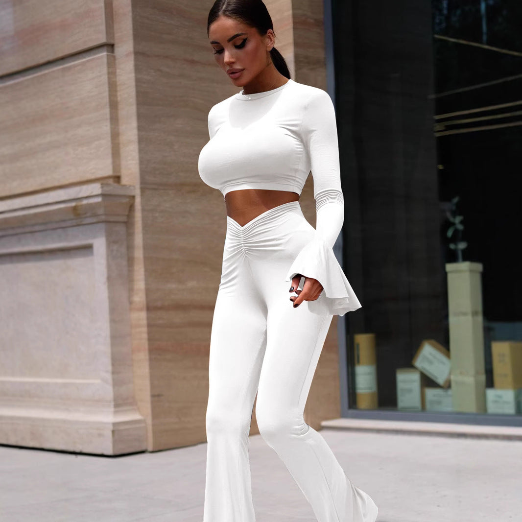 BENPAOLV 2025 popular autumn and winter new  style women's clothing fashion solid color ruffle edge long sleeve pleated slim trousers set