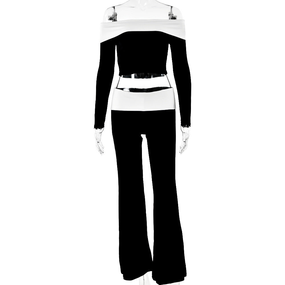 2025 New popular new suit, sexy slim-fit color matching off-the-shoulder long-sleeved slim-fit flared pants, two-piece set for women