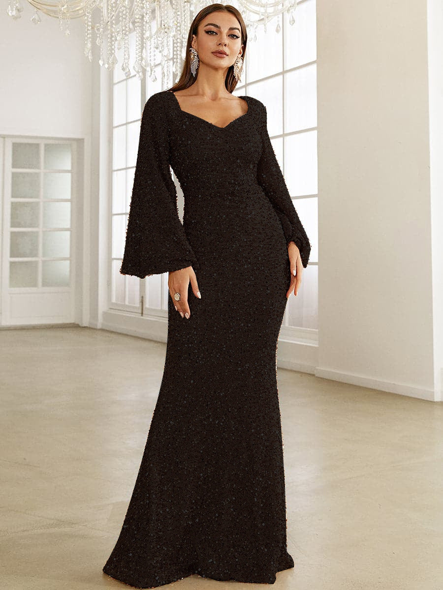 BENPAOLV Sexy Evening Dress 2025 Women Sexy Dress Mid-rise Flared Sleeve Sequins V-Neck Evening Dress