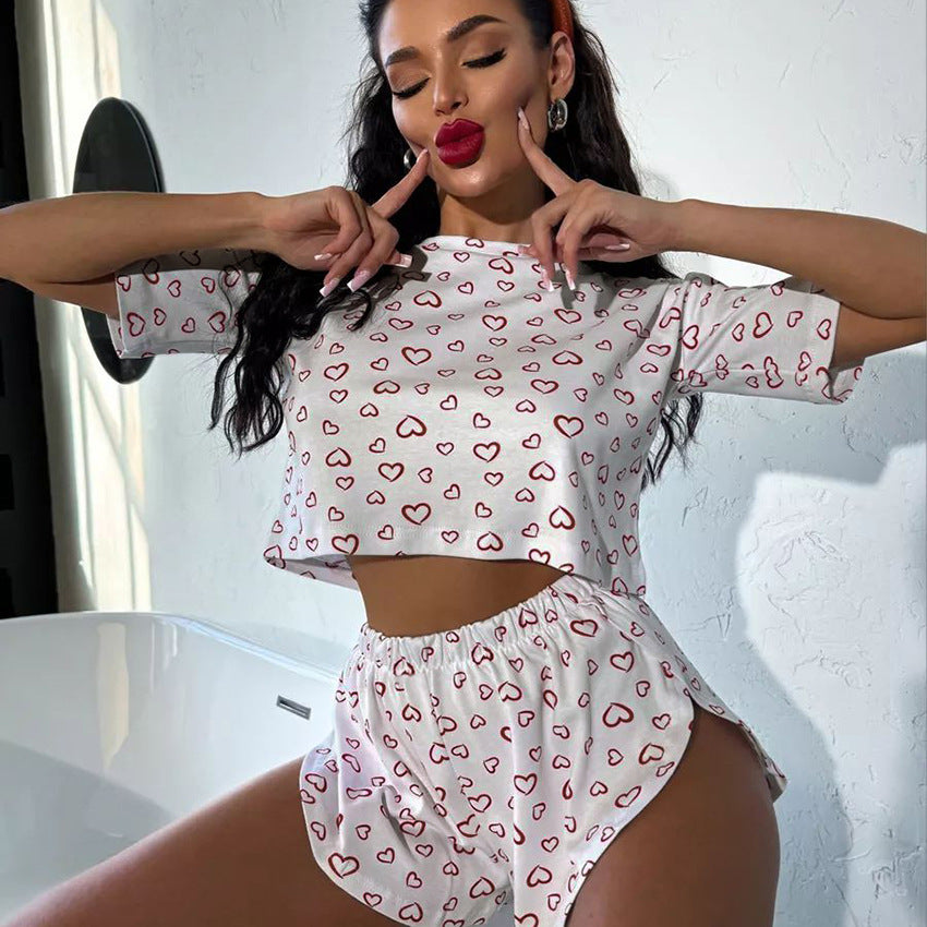 BENPAOLV 2025 spring and summer new comfortable love printed knitted short-sleeved top split-ended shorts two-piece set New loungewear