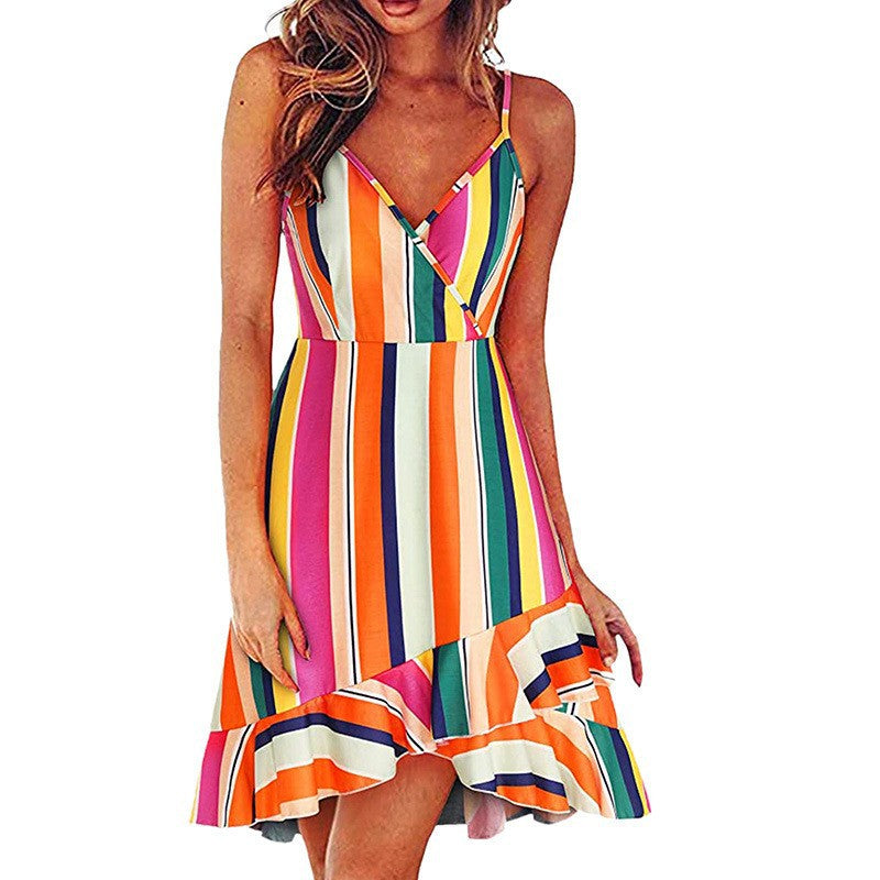 Summer Women's Sexy, Stylish V-Neck Suspender Sleeveless Halter Multi-Color Printed Swing Dress