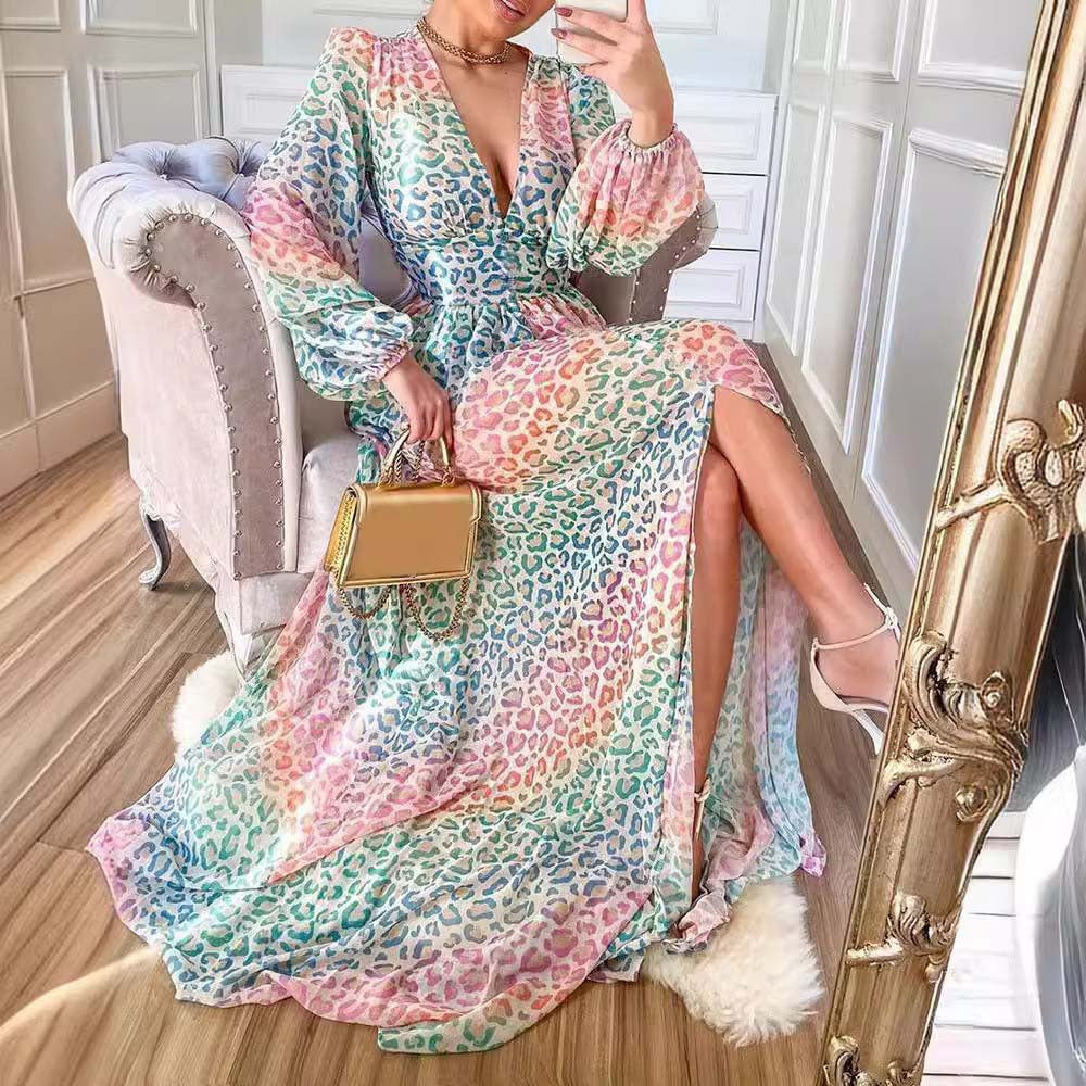 new women's clothing  dress deep V lantern sleeves color leopard print casual print long dress