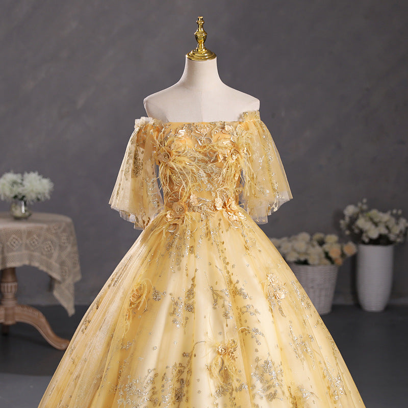 2025Hot trade one-word shoulder champagne gold solo tutu skirt student vocal art test performance uniform host annual meeting evening dress woman