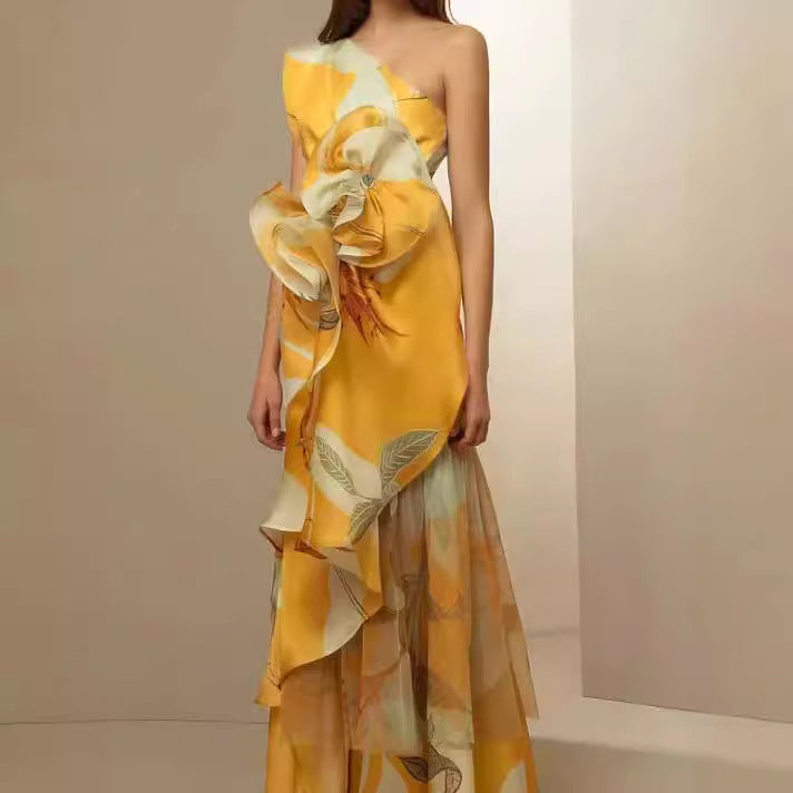 BENPAOLV High quality design large flower three-dimensional figure high-end women's dress  slanted shoulder women's long dress