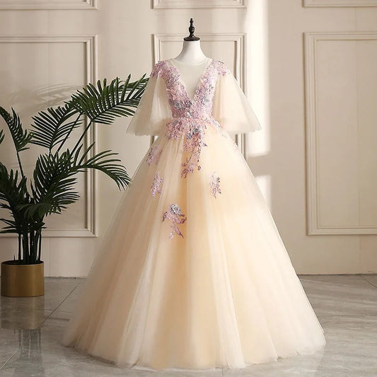 2025Champagne deep V long stage solo performance dress colorful dress wedding dress studio theme tutu dress light wedding dress