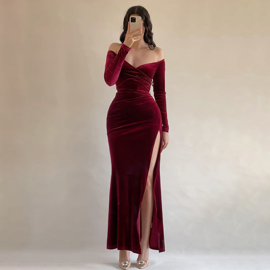 BENPAOLV  2025 popular autumn and winter  style New one-word shoulder sexy high slit velvet dress femininity dress dress