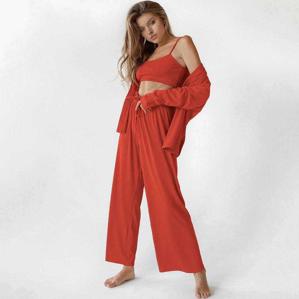 BENPAOLV 2025 Spring  new pajamas vest three-piece ice silk pit strips outer wear trousers nightgown fashion women's loungewear