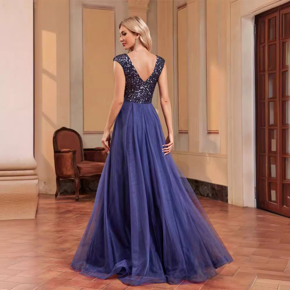 2025 New   V-neck sequined tulle A-word landing elegant dance evening dress fashion party dress