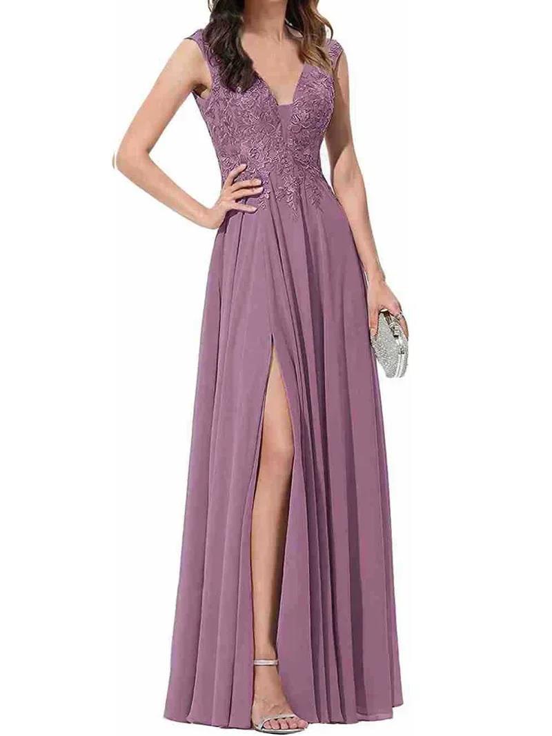 2025 Women's V-neck bridesmaid dress, lace simple A-shaped chiffon skirt, long Popular trade express sales open fork and thin dress