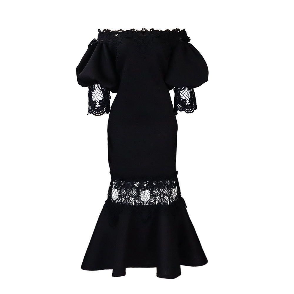 BENPAOLV New Women's One-word Neck Bubble Sleeve Lace Splicing Banquet Fishtail Dress Dress Long Dress  Hot Trade Dress