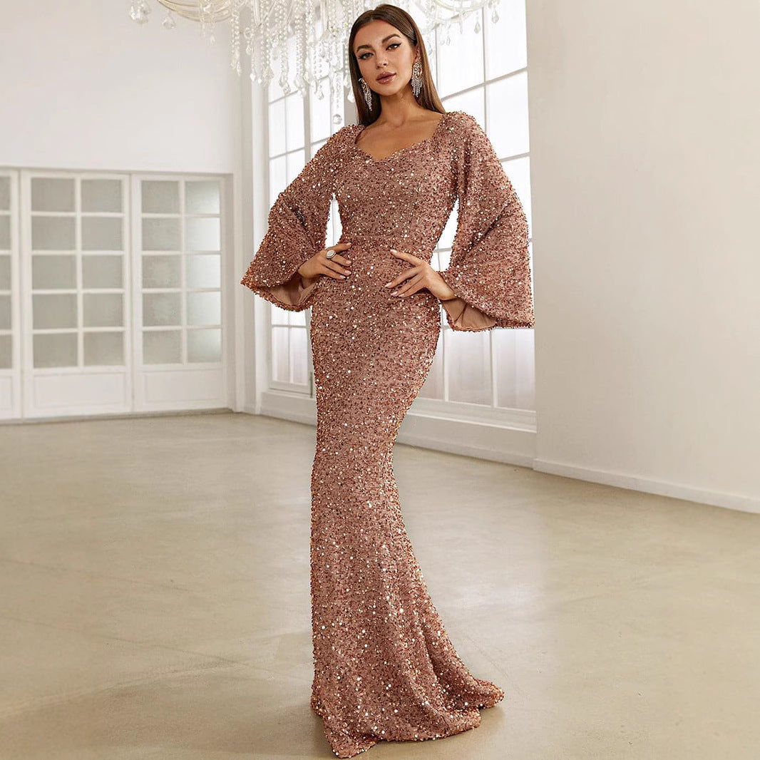 BENPAOLV Sexy Evening Dress 2025 Women Sexy Dress Mid-rise Flared Sleeve Sequins V-Neck Evening Dress