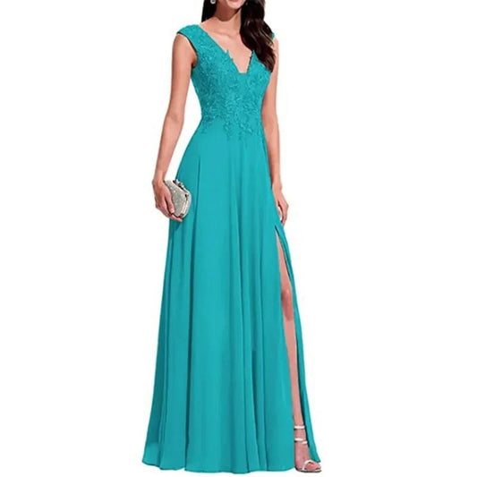 2025 Women's V-neck bridesmaid dress, lace simple A-shaped chiffon skirt, long Popular trade express sales open fork and thin dress