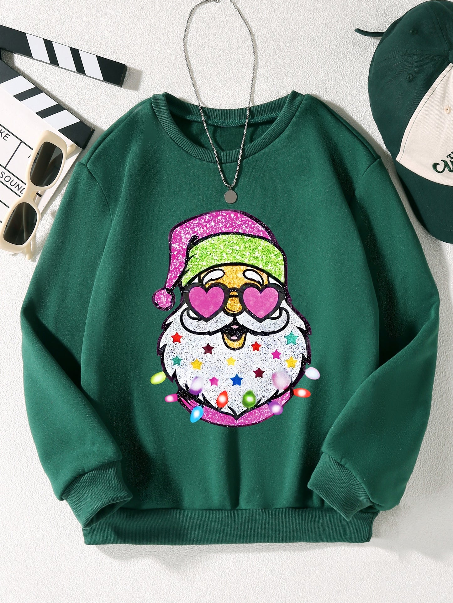 Cozy Christmas Cartoon Santa Print Pullover Sweatshirt for Toddler Girls, Long Sleeve Casual Sports Top for Everyday Wear