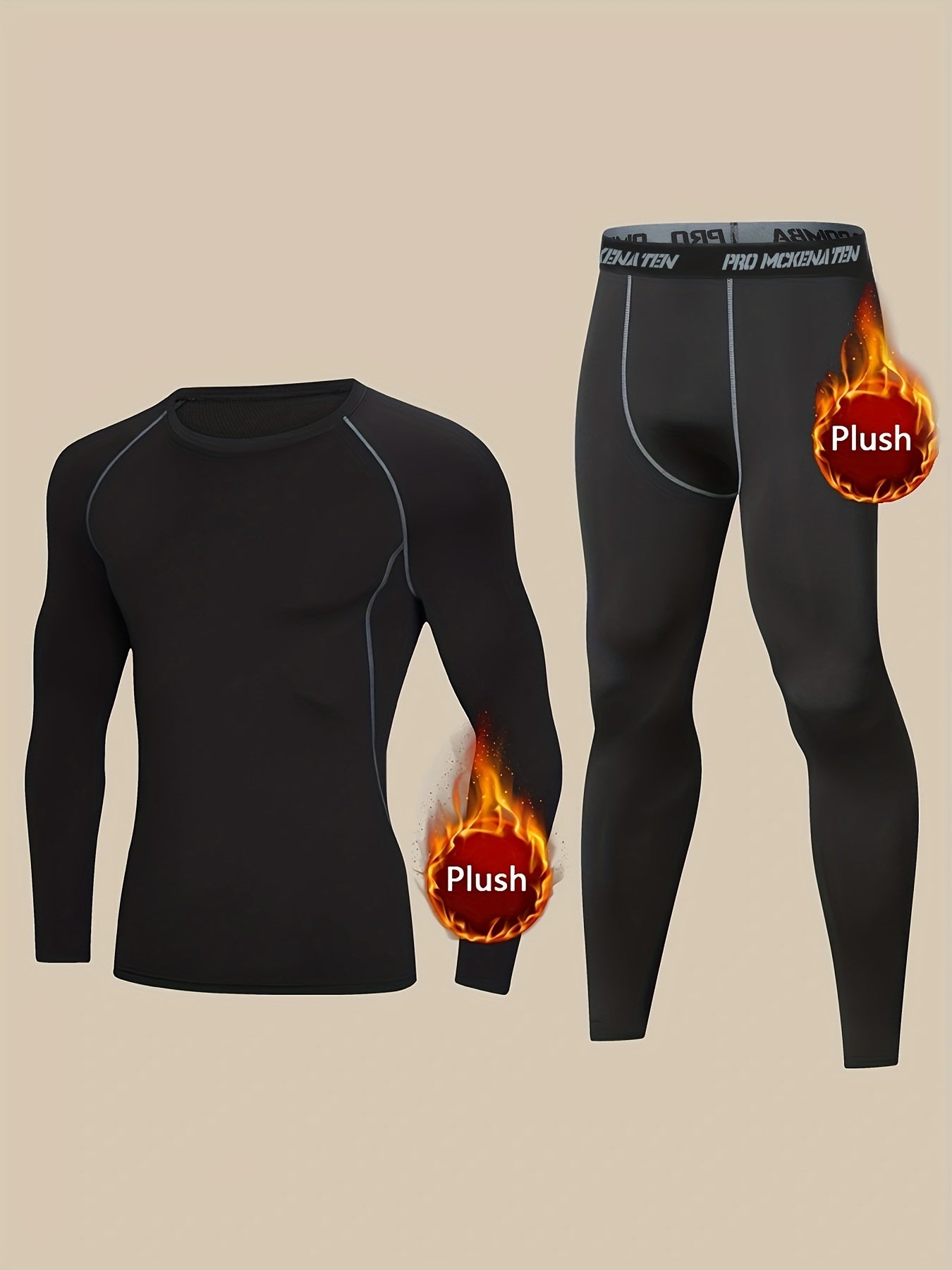 2pcs Men's Warm Quick Dry Fleece Compression Shirt & Comfy High Stretch Breathable Leggings For Fall Winter Outdoor