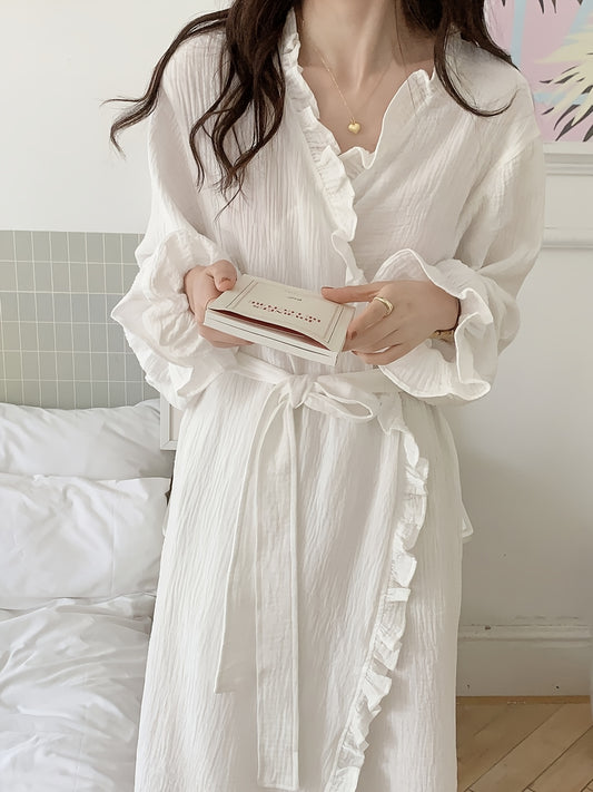 Ombre Stripe Print Loose Fit Night Robe, Long Sleeve V Neck Pocketed Robe With Belt, Women's Sleepwear & Dresses