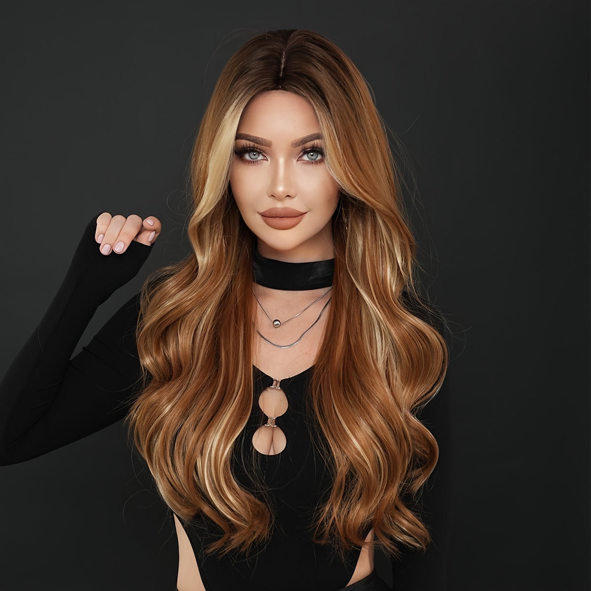 "Voluminous" Elegant Ombre Brown Long Curly Wig With Dark Roots - Middle Part, High Layered Fluffy Blonde Highlights For Women - Heat Resistant Synthetic Fiber, Perfect For Daily Wear & Parties, 28.34 Inches