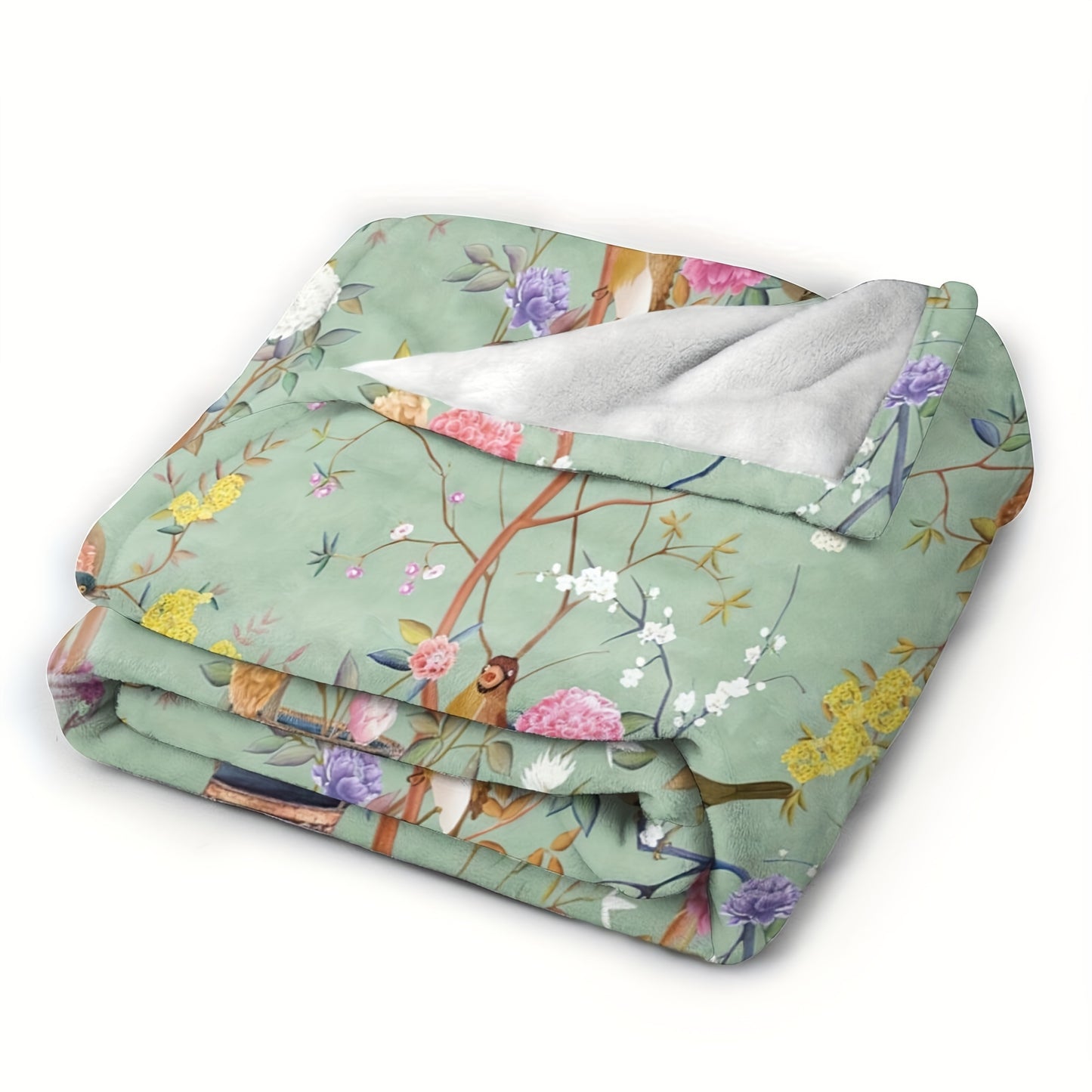 1pc Cozy Floral Bird Print Flannel Blanket - Soft, Warm, Comfortable, Versatile Throw for All Seasons, Home, Office, Travel, Bed - Perfect for Snuggling Up Indoors or Outdoors