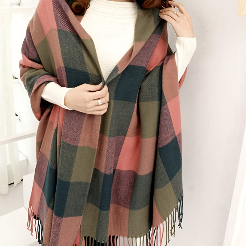 Elegant Plaid Tassel Shawl-Scarf: Chic Imitation Cashmere Warmth, Perfect for Any Winter Outing