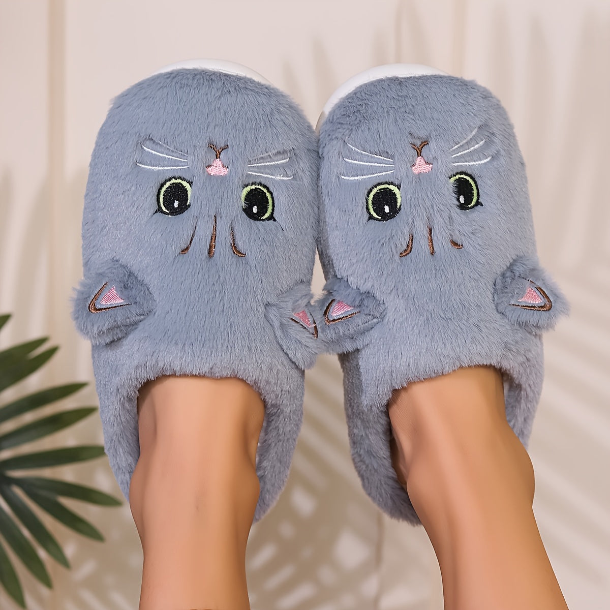 Comfy Kawaii Cat Home Slippers - Solid Color Plush Fabric, Cozy Closed Toe Winter Shoes with a Soft Sole