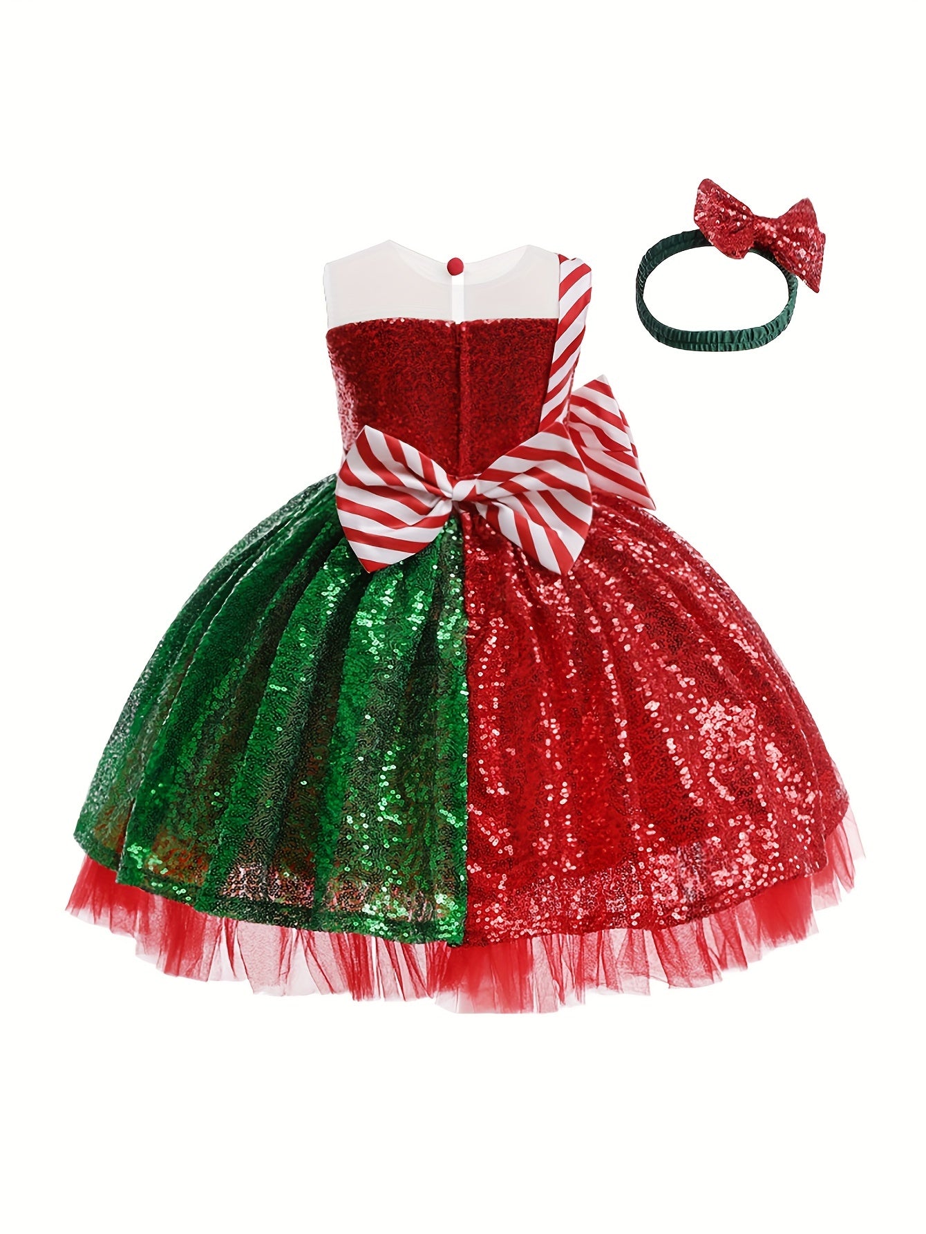 2pcs Sequin Christmas Princess Tutu Dress + Comfy Headband Set for Girls Summer Party Gift