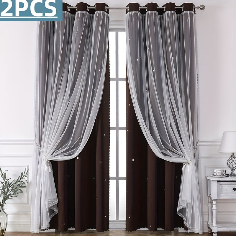 2PCS Grommet Top Curtains Double-layer Cute Hollow Star-shaped Small Holes Curtain For Light Transmission, Suitable For Bedroom Blackout Curtains, Living Room Curtains, Themed Room Curtains, And Festival Party Decoration Curtains Home Decor