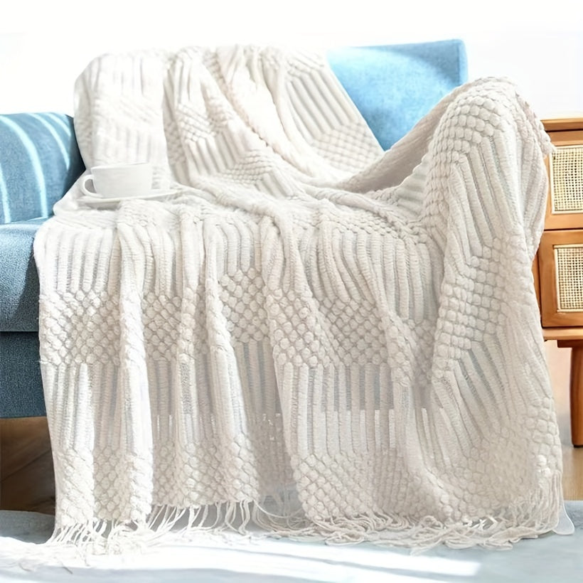 1pc Cozy Solid Color Knitted Throw Blanket - Premium Plush, Snugly Warm, Stylish Tassels - Perfect for Living Room, Bedroom & Camping - All-Season Versatility