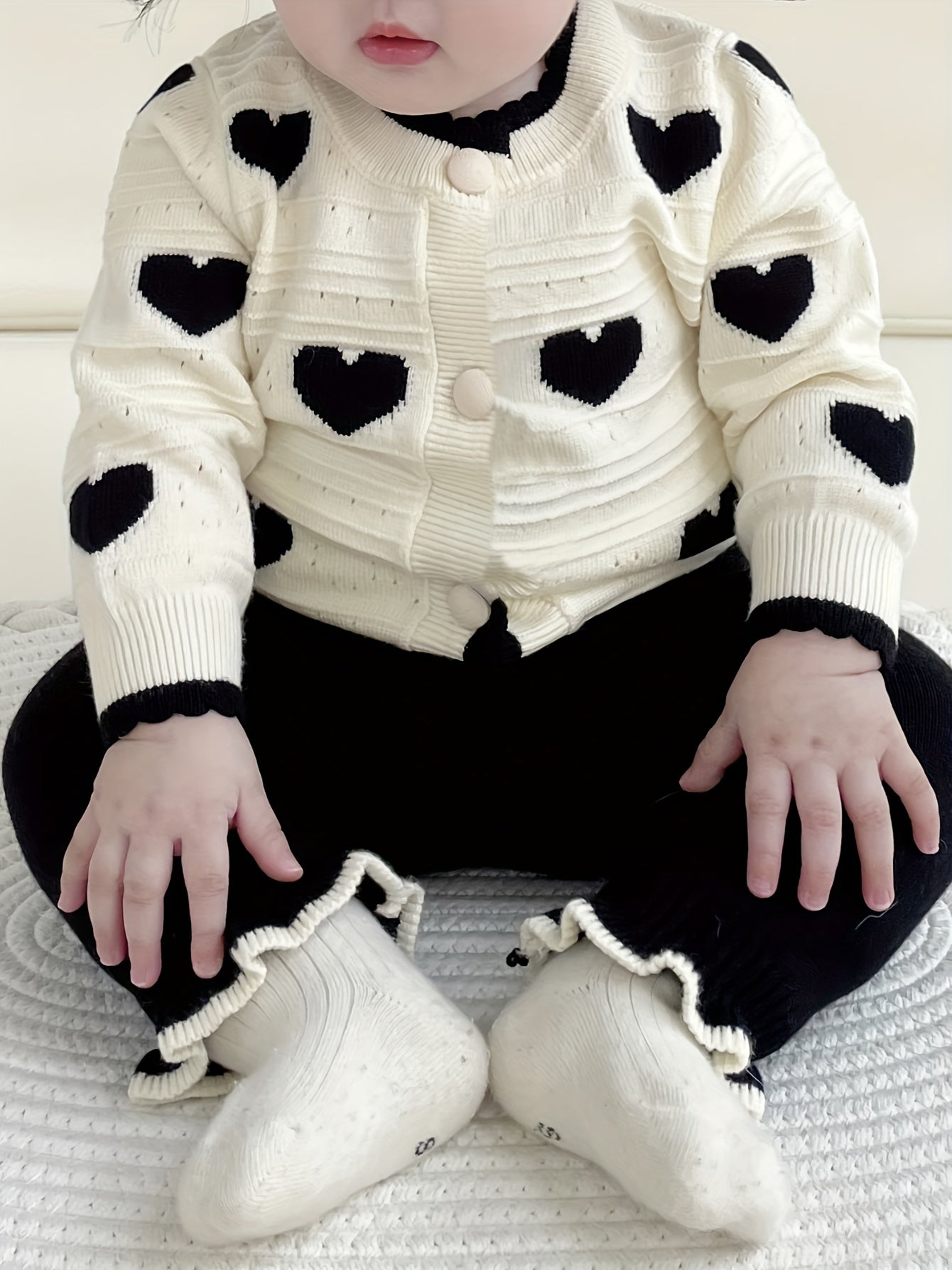 2pcs Adorable Heart Pattern Baby Girl's Sweater Cardigan Set - Soft Knitted Fabric, Casual Style, Warm Winter Fall Clothing - Toddler & Infant Girl's Outfit for Cold Weather